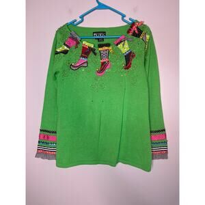 2000s Berek 2 Lime Green Ribbon Stockings Christmas Sparkle Maximalist Sweater M
